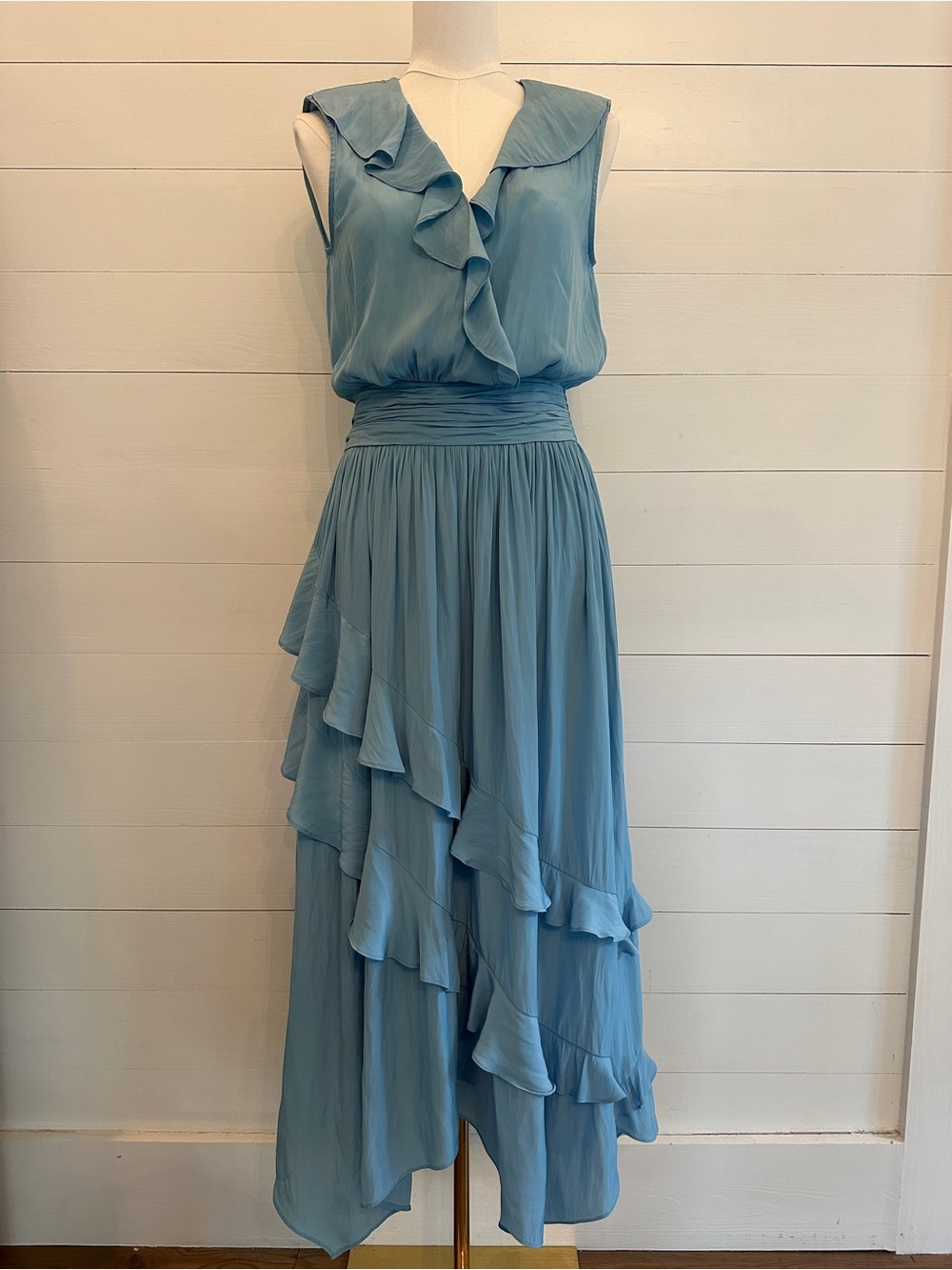 Ramy Brook Blue Ruffle V-Neck Dress